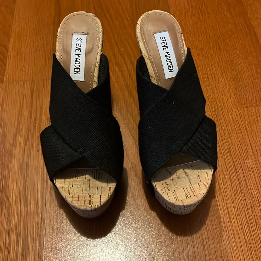 Steve Madden Black Cork Wedge Sandals
